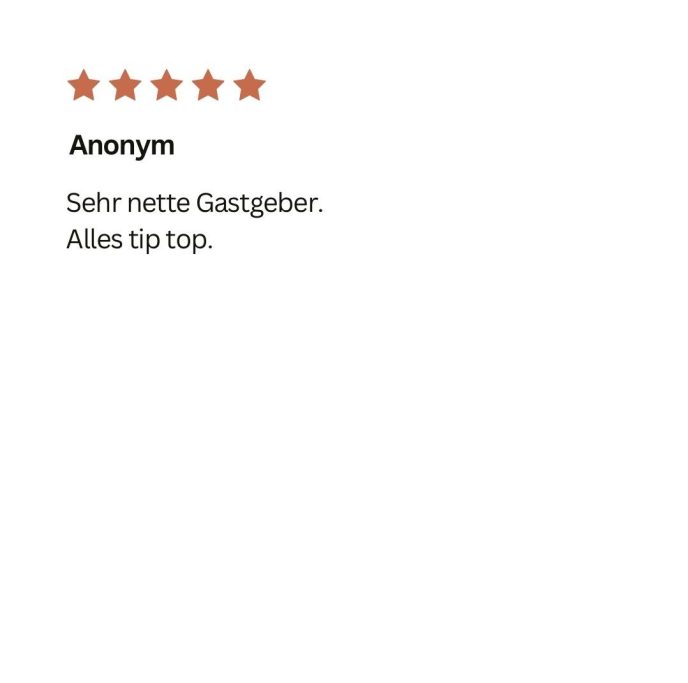 Fünf-Sterne-Bewertung mit positivem Kommentar über einen netten Gastgeber.